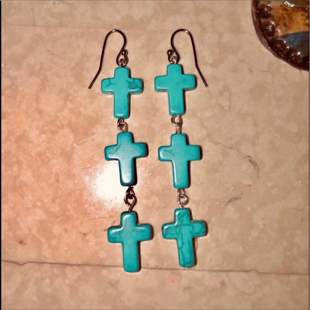 TURQUOISE CROSS EARRINGS 3 TIERED on SILVER WIRES - Picture 1 of 2